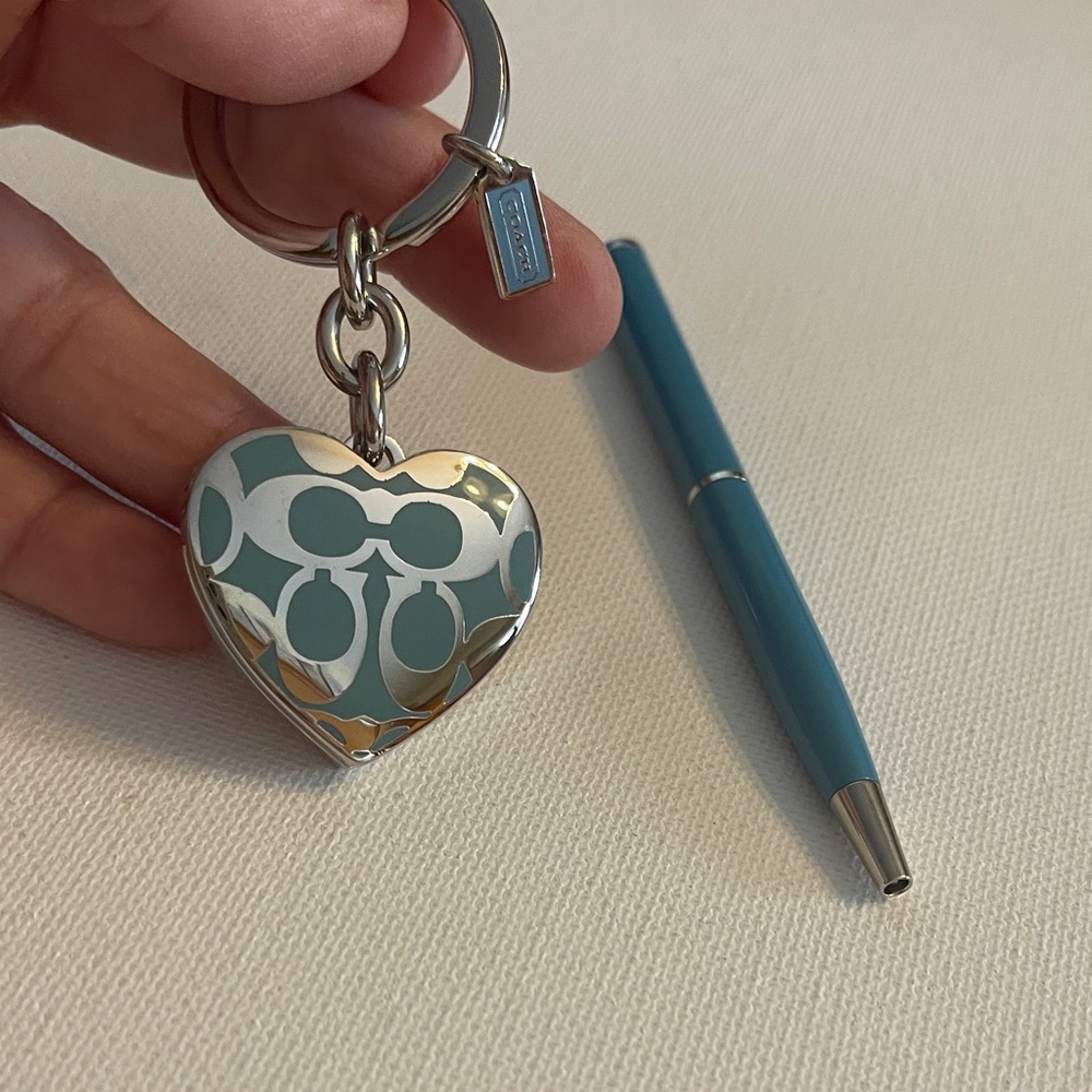 Coach Teal Signature Heart Keychain